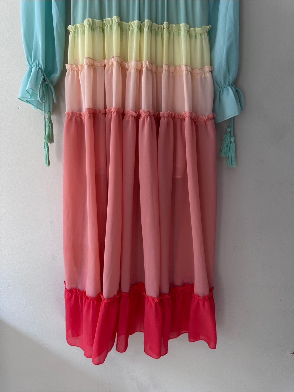 Vici Rainbow Pastel Tiered Ruffle Maxi Dress Long Sleeve Chiffon Boho Festival - Picture 9 of 11